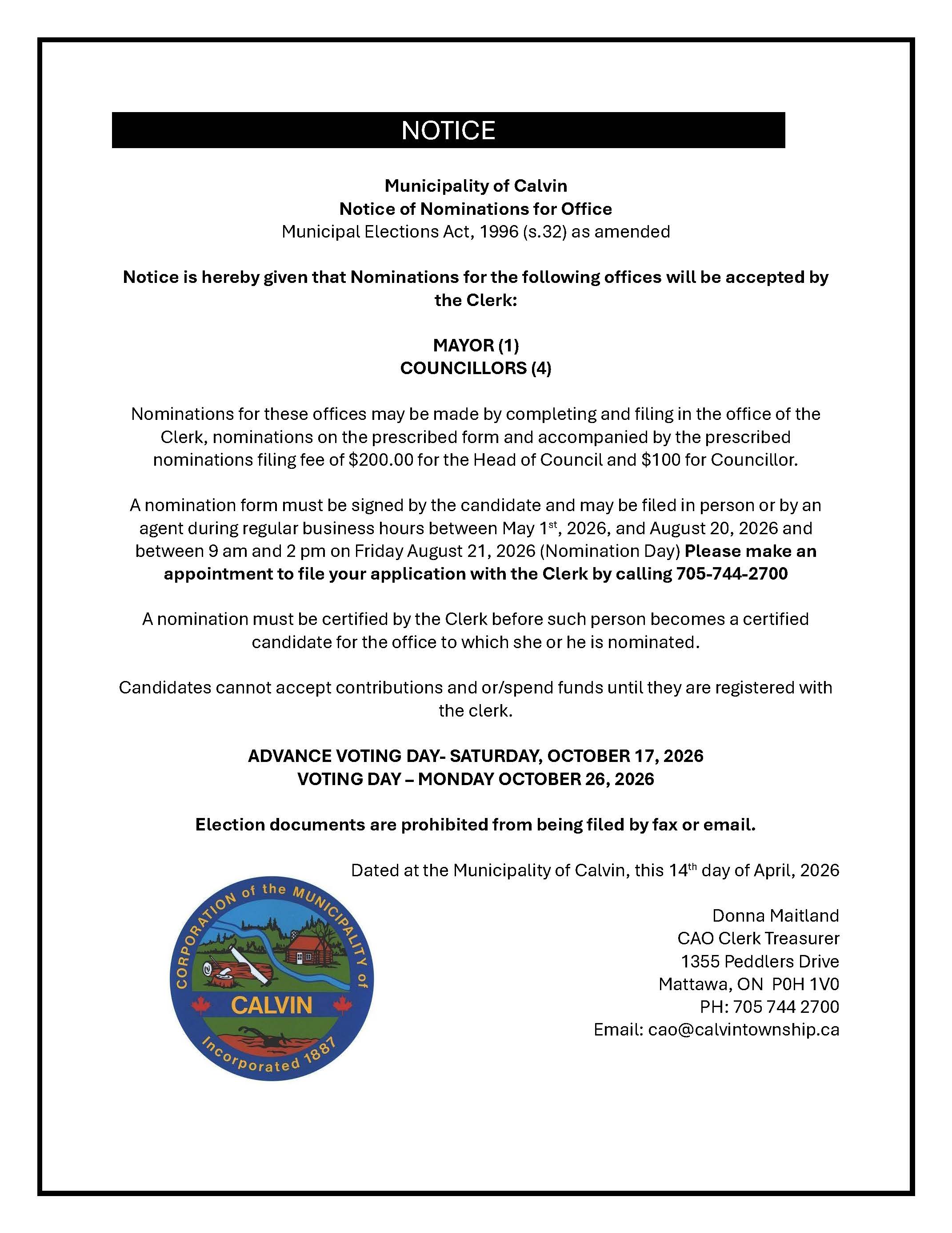 NOTICE OF NOMINATIONS FOR OFFICE